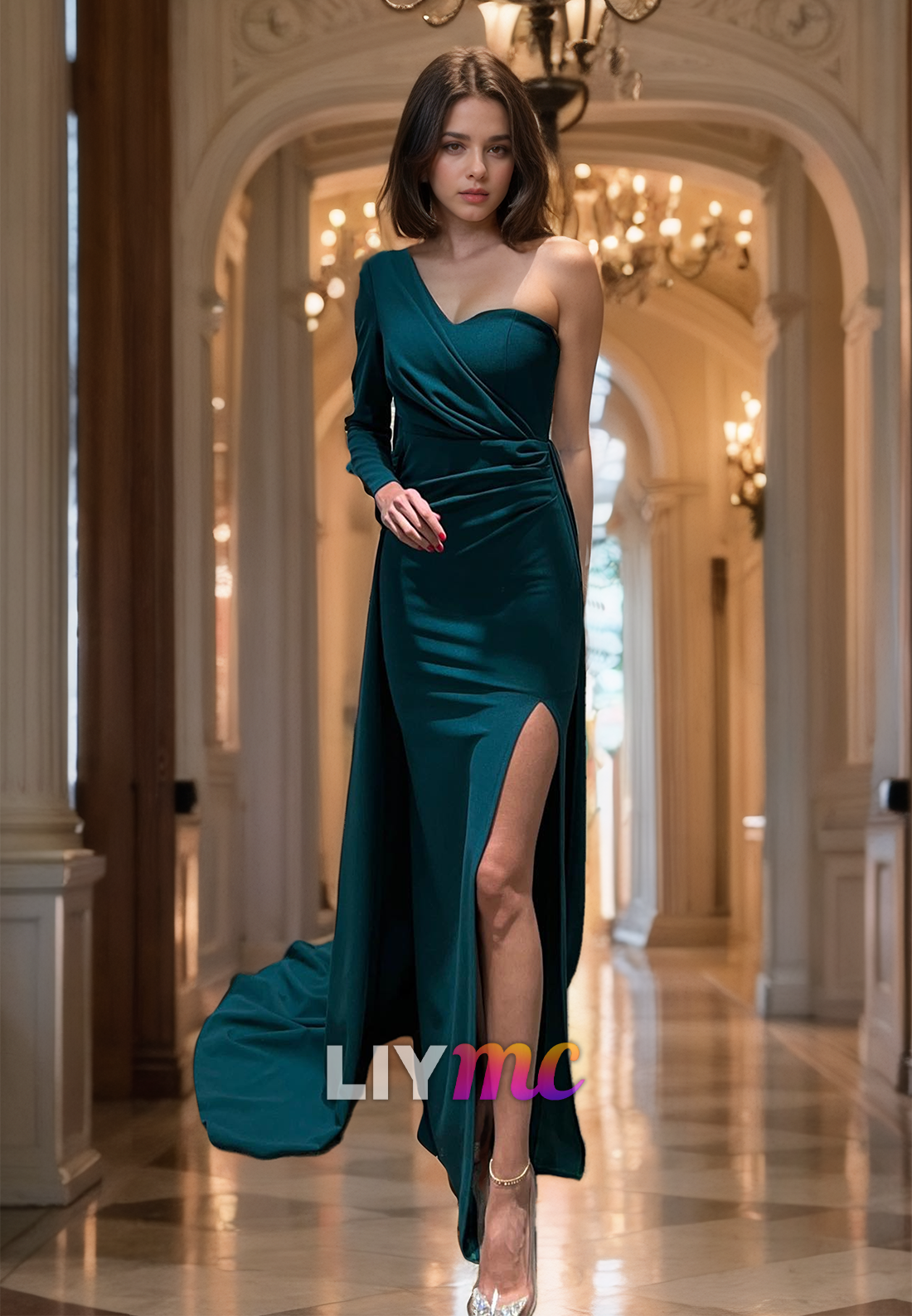 One Shoulder Long Sleeves Ruched Sheath Formal Dress