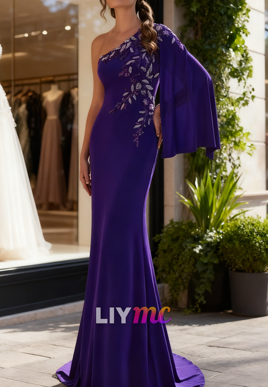 One Shoulder Long Sleeves Sequins Appliques Mermaid Mother of Bride Dress