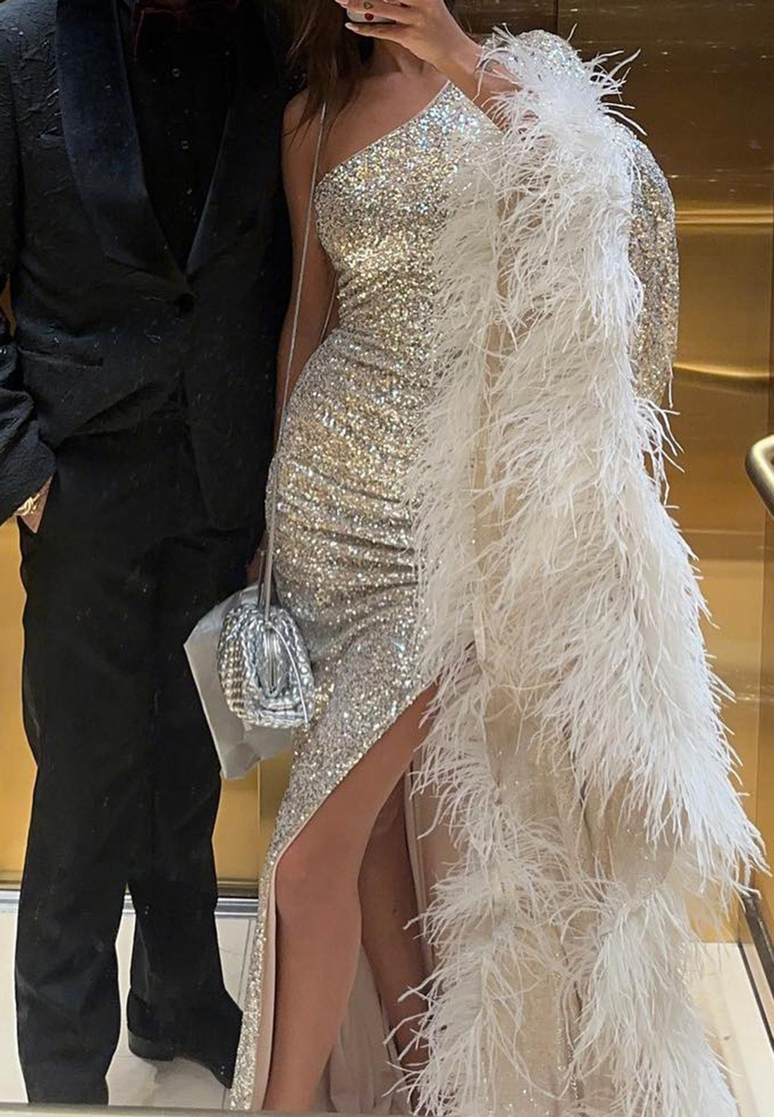 One Shoulder Long Sleeves Sequins Feathered Sheath Evening Dress