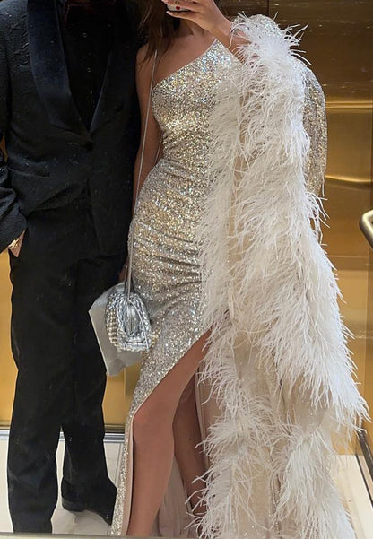 One Shoulder Long Sleeves Sequins Feathered Sheath Evening Dress