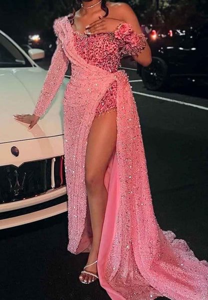 One Shoulder Long Sleeves Sequins Side Slit Sparkly Prom Dress for Black Girls