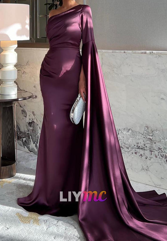 One Shoulder Long Sleeves Sleek Mermaid Formal Dress