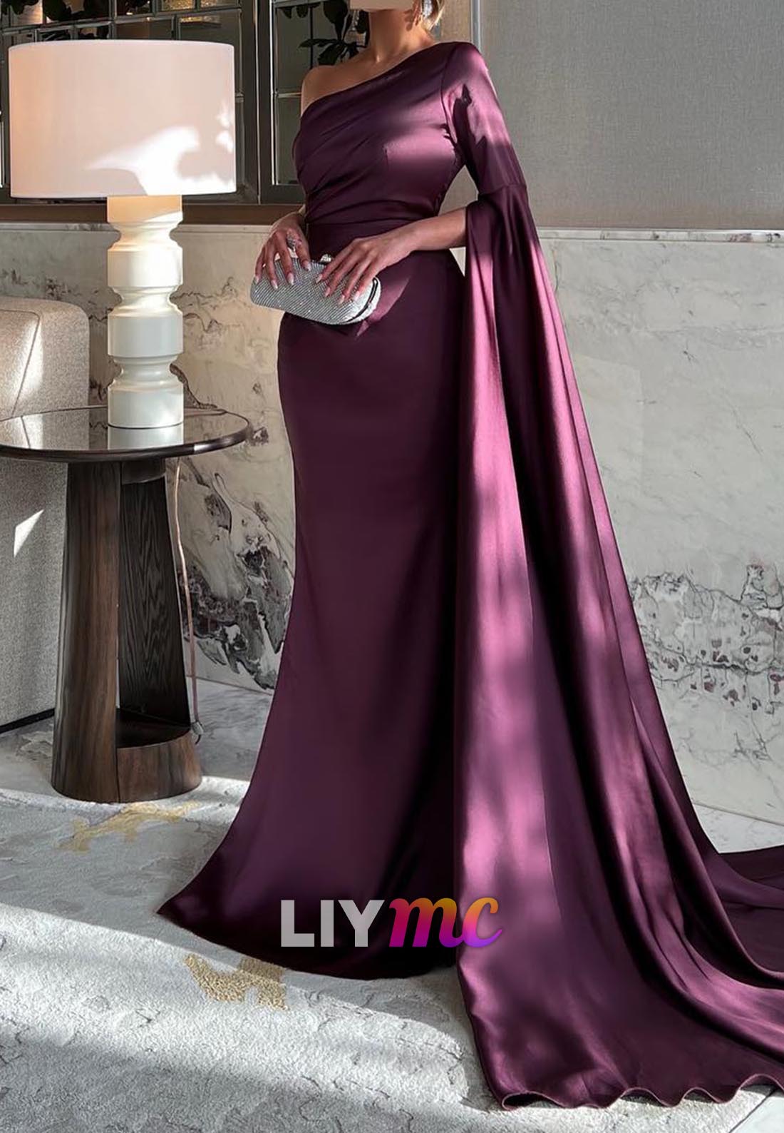 One Shoulder Long Sleeves Sleek Mermaid Formal Dress