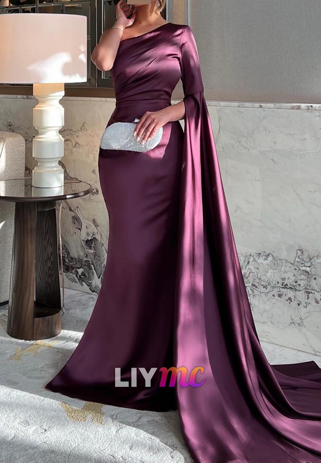 One Shoulder Long Sleeves Sleek Mermaid Formal Dress