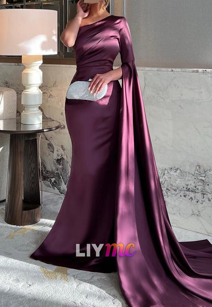 One Shoulder Long Sleeves Sleek Mermaid Formal Dress
