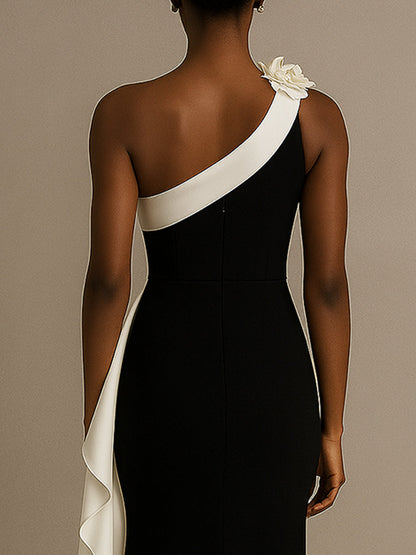 One Shoulder Mermaid Long Black Tie Formal Dress with Ruffles