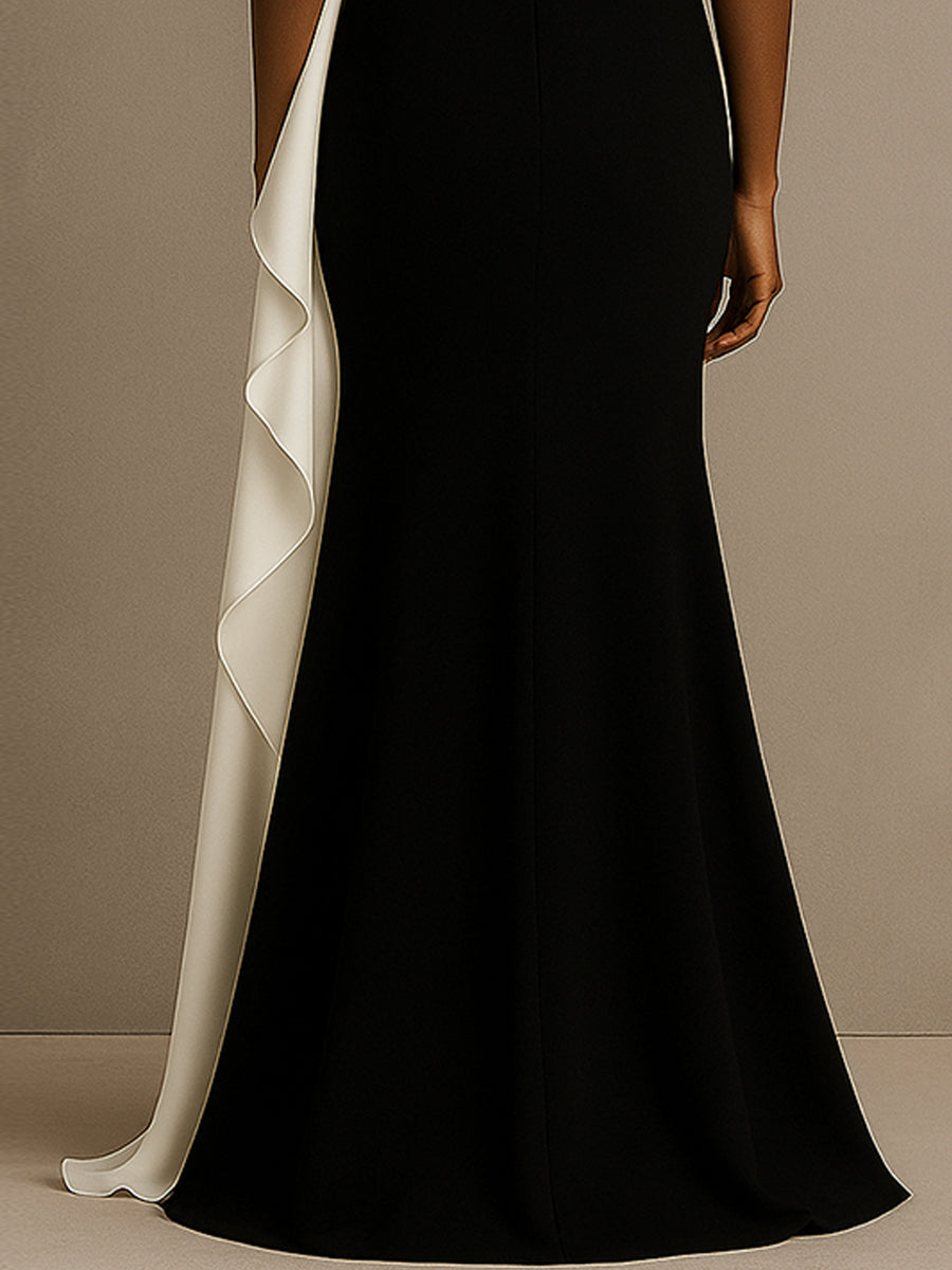 One Shoulder Mermaid Long Black Tie Formal Dress with Ruffles