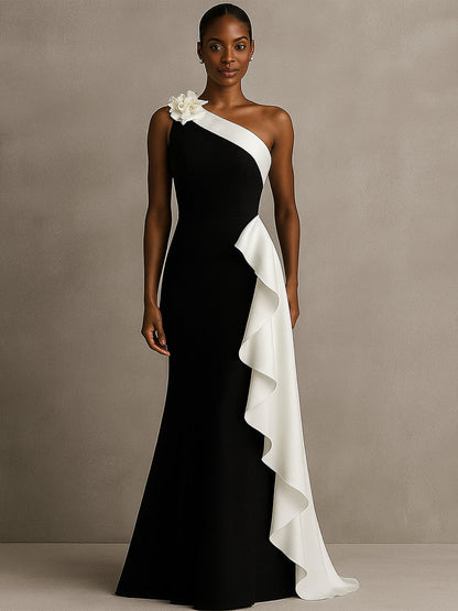 One Shoulder Mermaid Long Black Tie Formal Dress with Ruffles