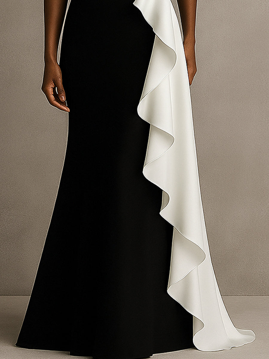 One Shoulder Mermaid Long Black Tie Formal Dress with Ruffles