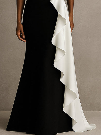 One Shoulder Mermaid Long Black Tie Formal Dress with Ruffles