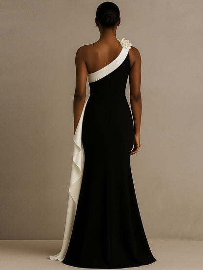One Shoulder Mermaid Long Black Tie Formal Dress with Ruffles