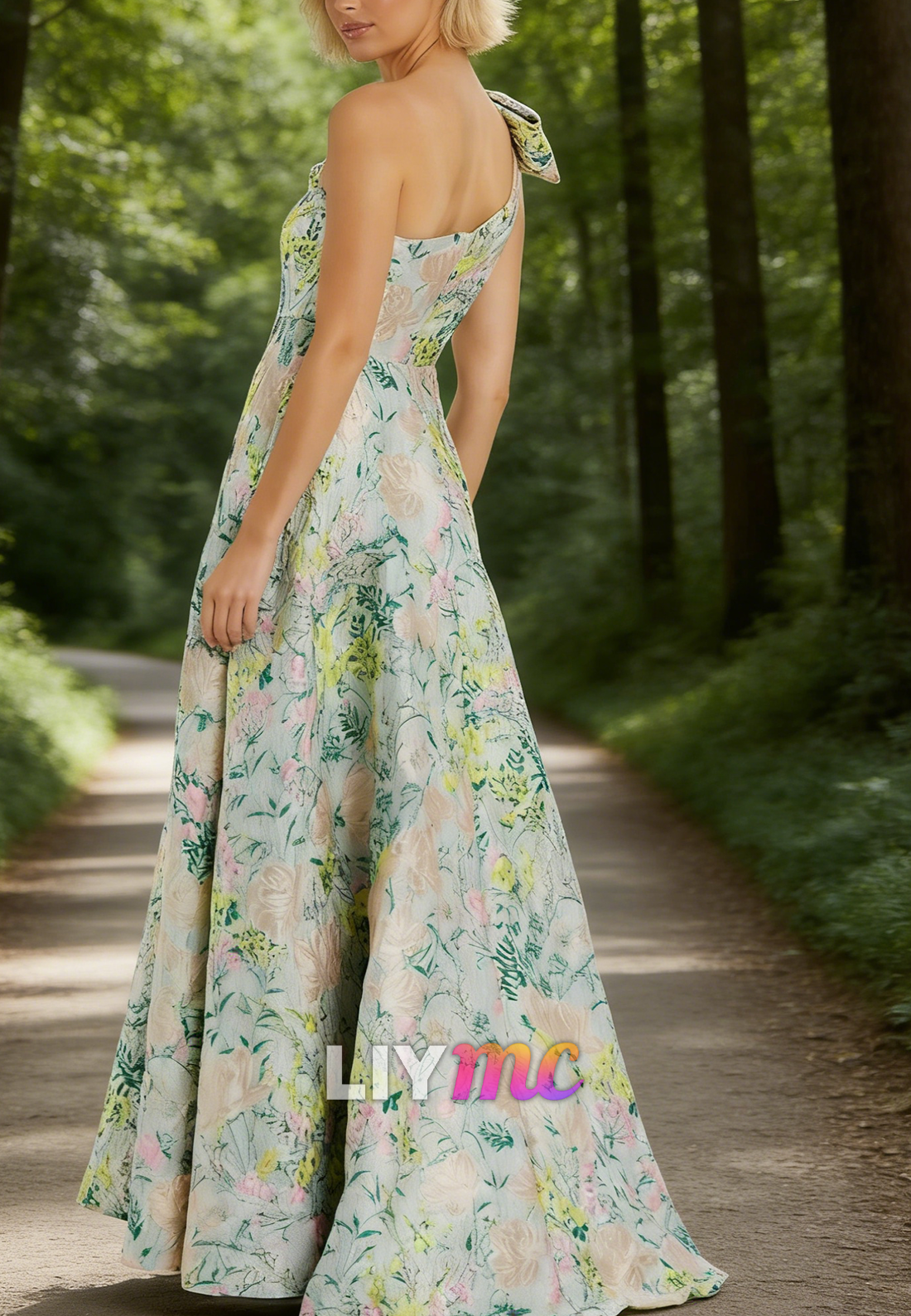 One Shoulder Mother of Bride Dress Floral Printed A-Line Cocktail Dress