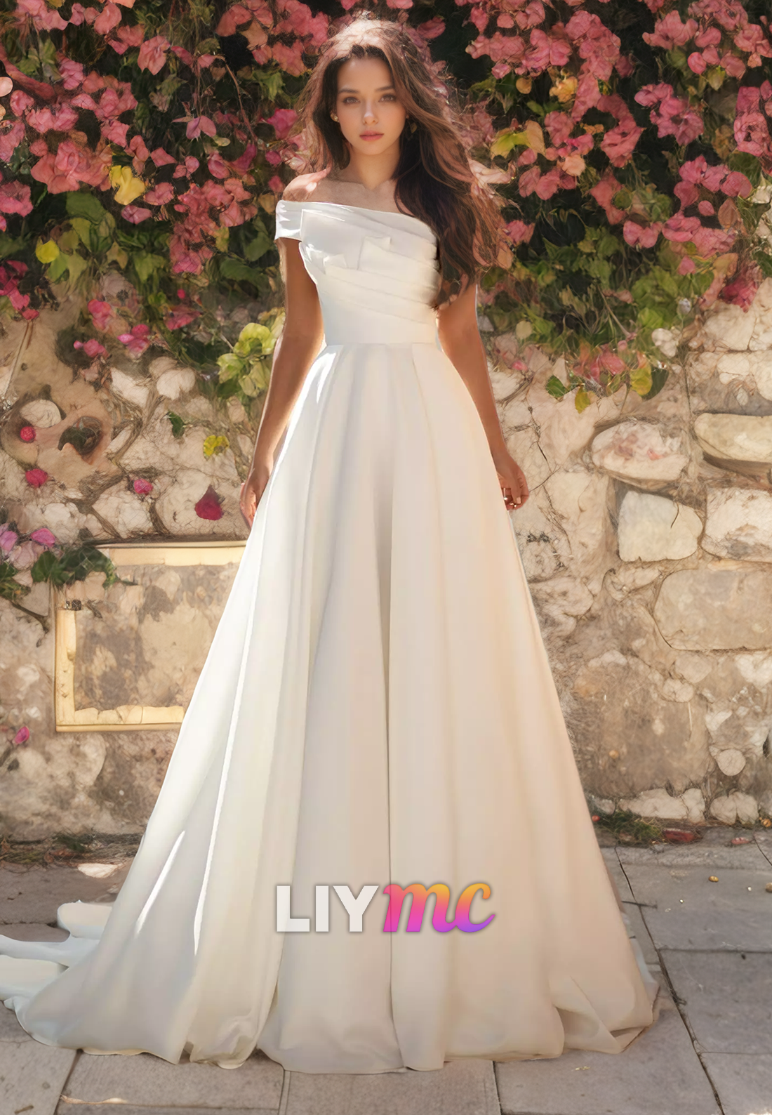 One Shoulder Pleated A-Line Sleek Beach Wedding Dress