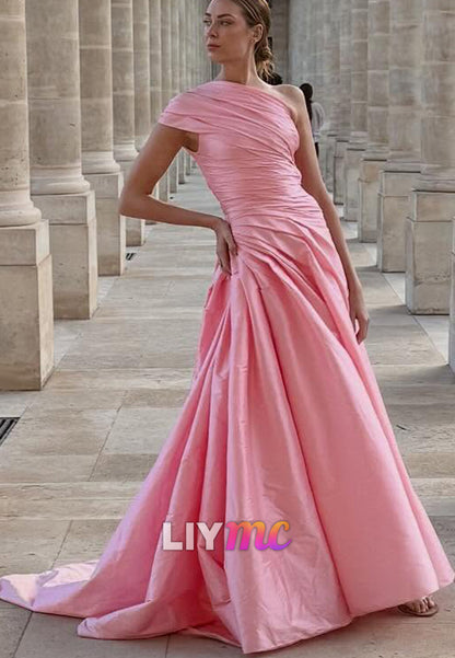 One Shoulder Pleated Sleeveless A-Line Evening Dress