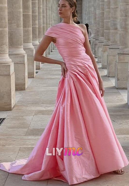 One Shoulder Pleated Sleeveless A-Line Evening Dress