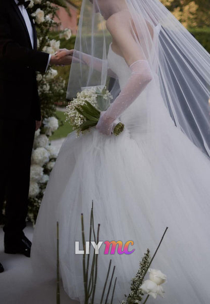 One Shoulder Pleated Tulle A-Line Ball Gown Weddding Dress