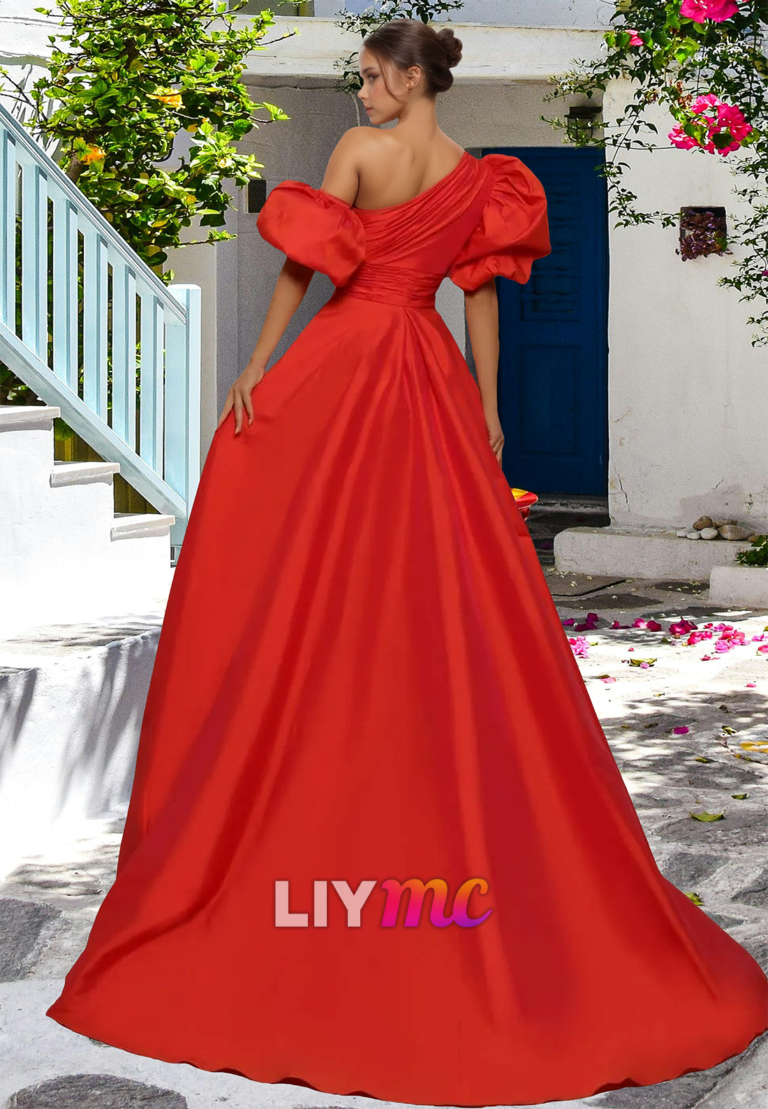 One Shoulder Puff Sleeves Pleated High Slit A-Line Prom Dress