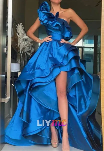 One Shoulder Ruffled High Low A-Line Evening Dress