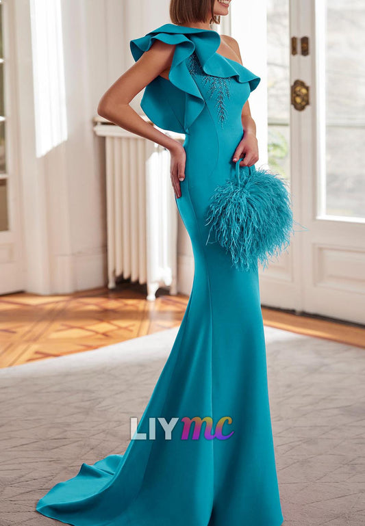 One Shoulder Ruffled Sleek Mermaid Evening Mother of Bride Dress
