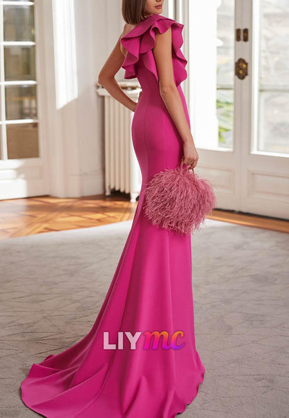 One Shoulder Ruffled Sleek Mermaid Evening Mother of Bride Dress