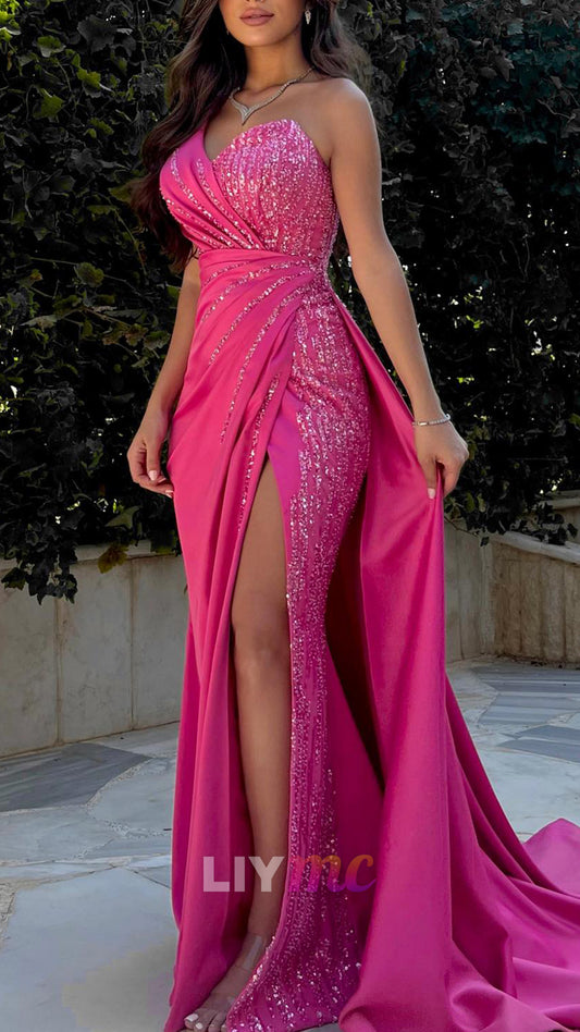 One Shoulder Sequins Mermaid Side Slit Prom Dress