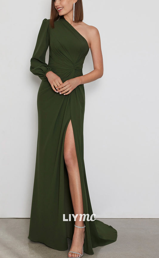 M1223 - One Shoulder Sleek Satin High Slit Ruched Mother of Bride Dress Cocktail Dress