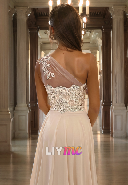 One Shoulder Sleeveless Appliques Chiffon A-Line Prom Dress