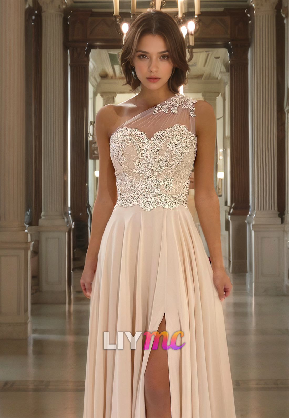 One Shoulder Sleeveless Appliques Chiffon A-Line Prom Dress