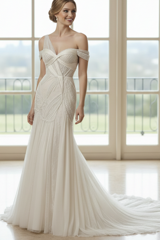 One Shoulder Sleeveless Appliques Mermaid Wedding Dress