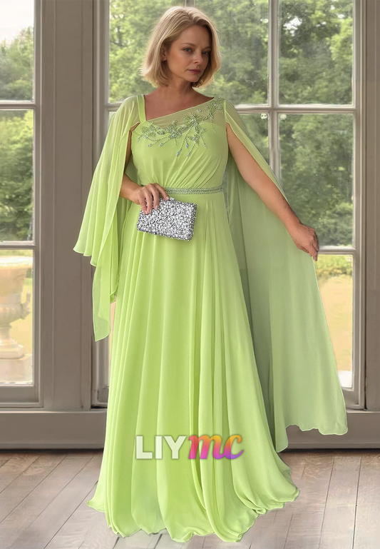 One Shoulder Sleeveless Appliques Pleated Chiffon A-Line Mother of Bride Dress