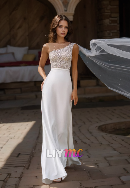 One Shoulder Sleeveless Appliques Sleek Mermaid Breach Wedding Dress