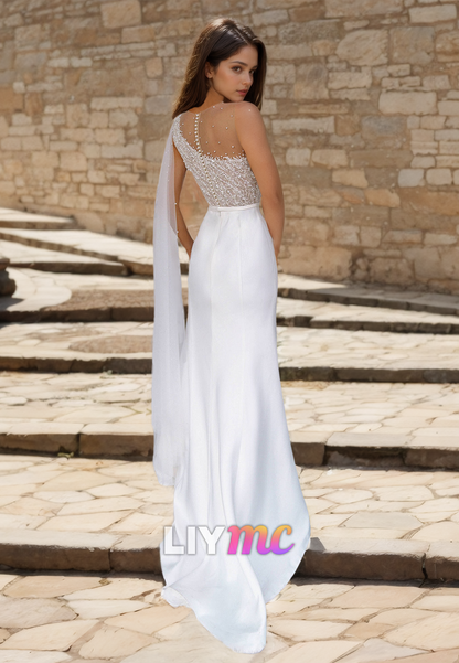 One Shoulder Sleeveless Appliques Sleek Mermaid Breach Wedding Dress