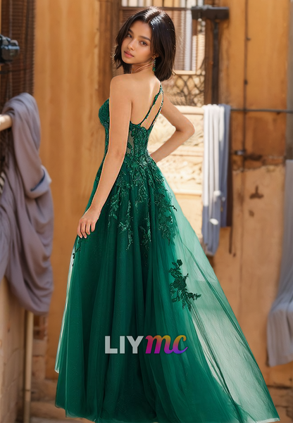 One Shoulder Sleeveless Appliques Tulle A-Line Prom Dress