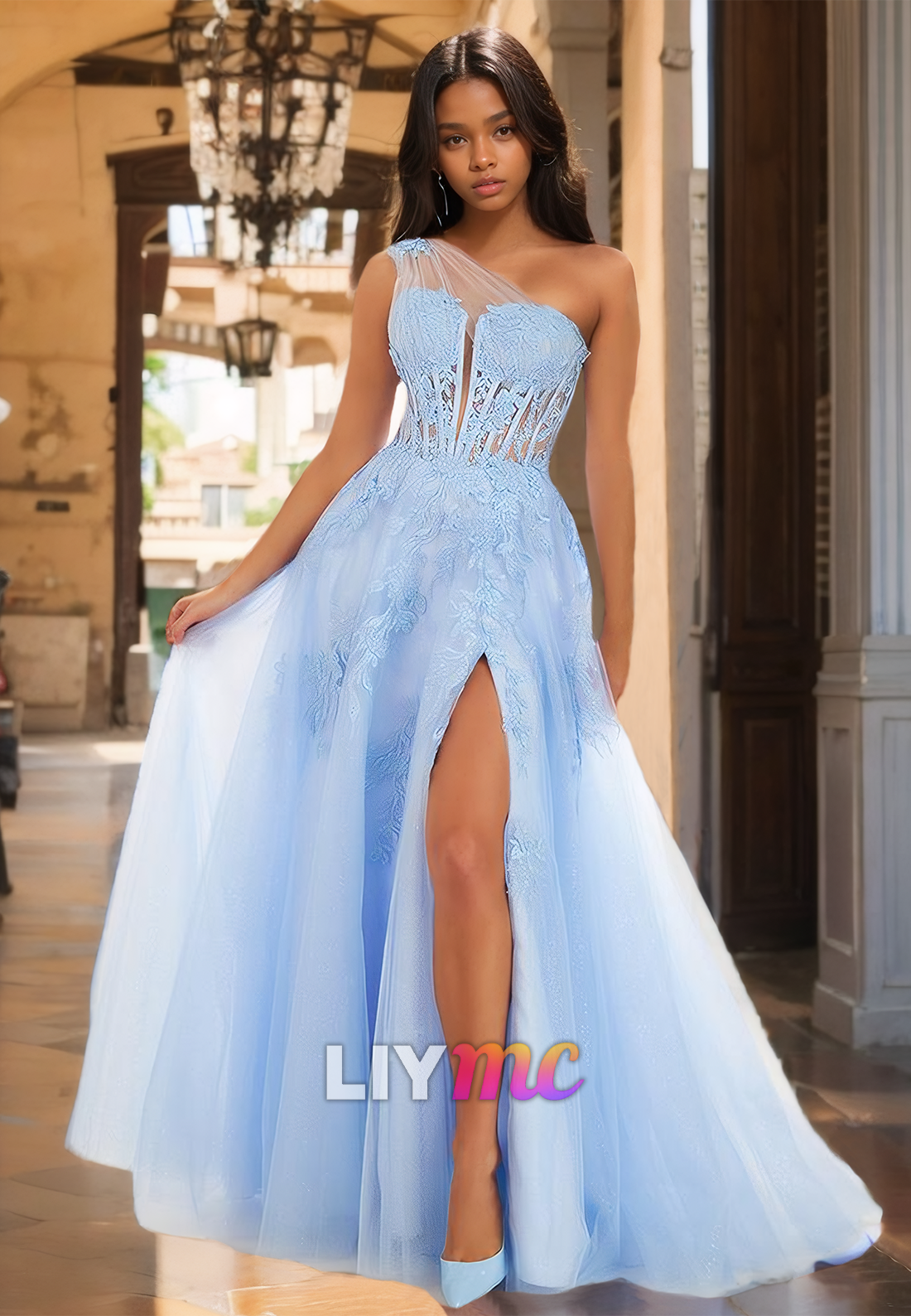 One Shoulder Sleeveless Appliques Tulle A-Line Prom Dress