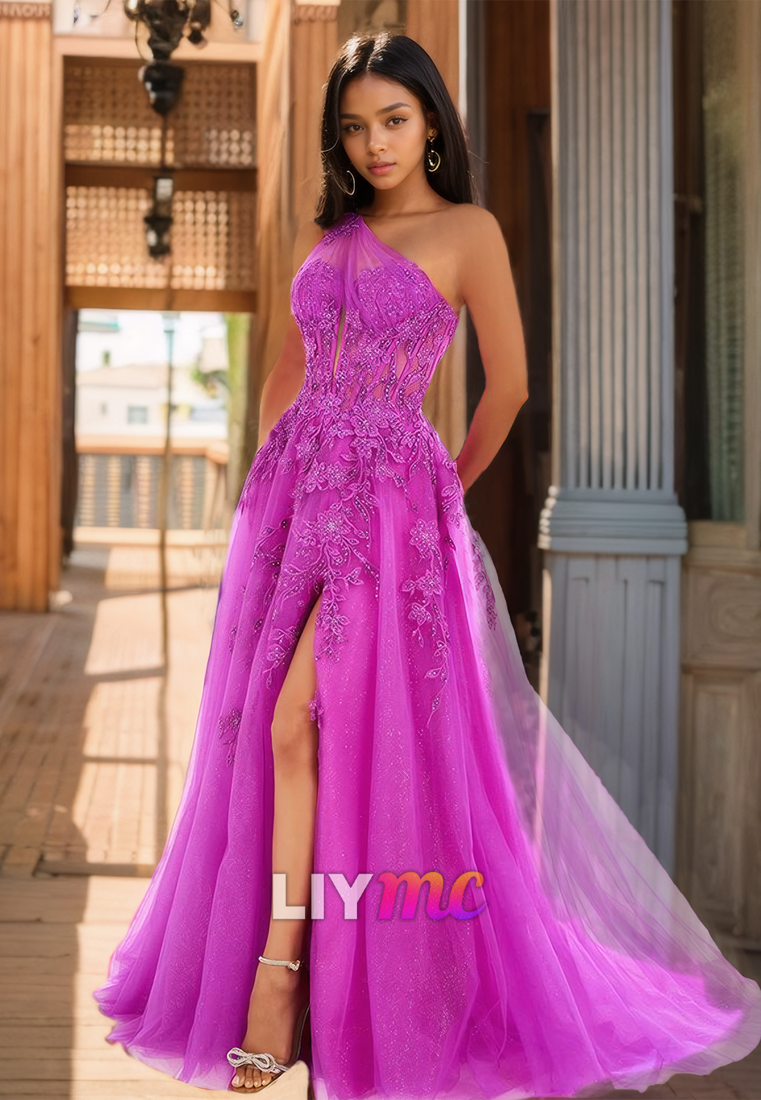 One Shoulder Sleeveless Appliques Tulle A-Line Prom Dress