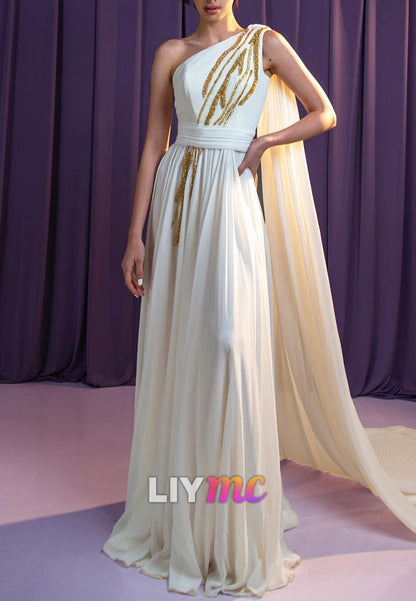 One Shoulder Sleeveless Beaded A-Line Wedding Dress
