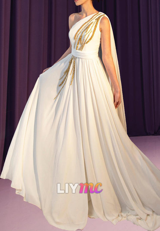 One Shoulder Sleeveless Beaded A-Line Wedding Dress