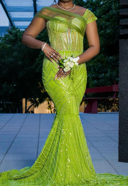 One Shoulder Sleeveless Beaded Emboridery Sparkly Mermaid Prom Dress for Black Girls