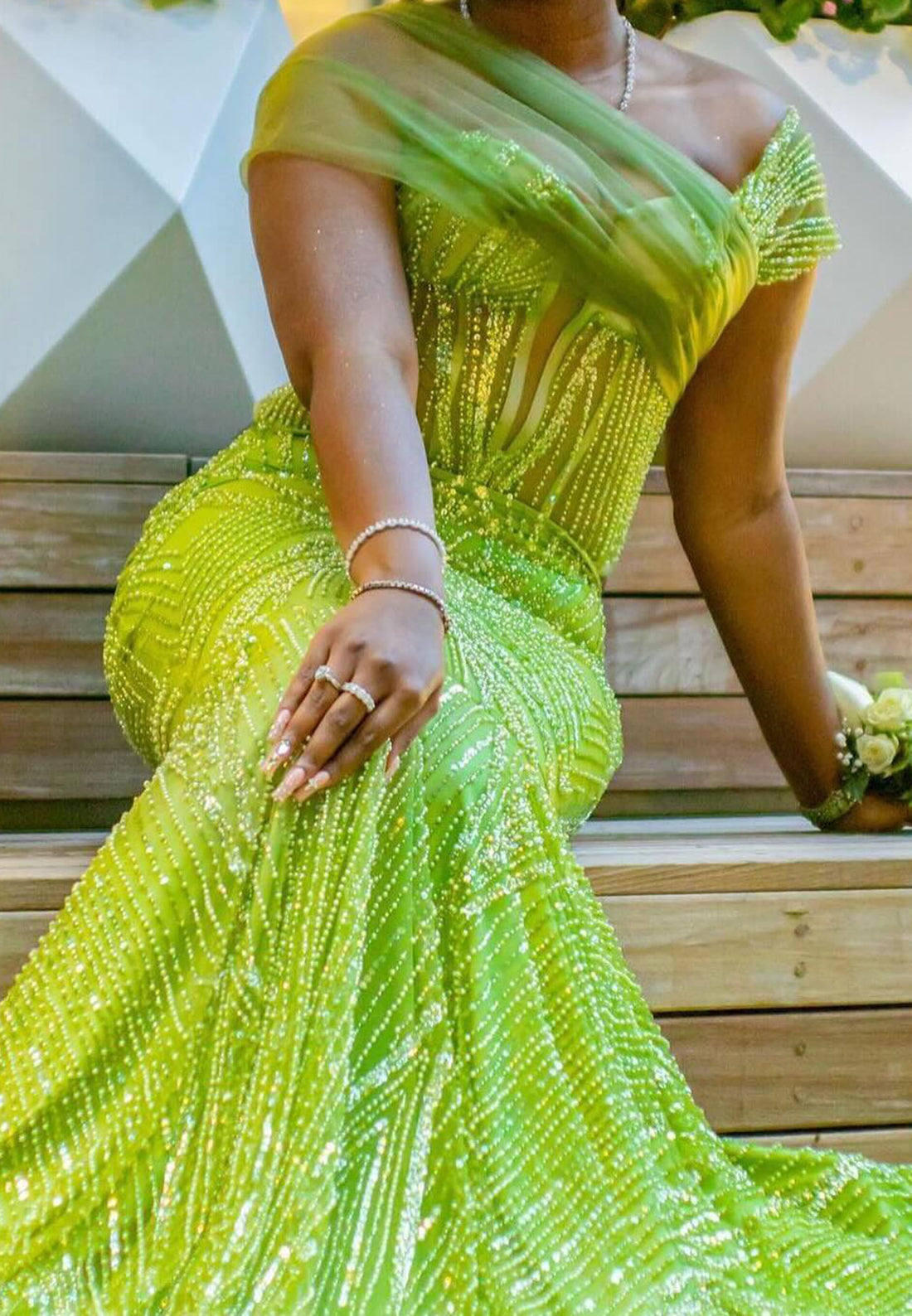 One Shoulder Sleeveless Beaded Emboridery Sparkly Mermaid Prom Dress for Black Girls