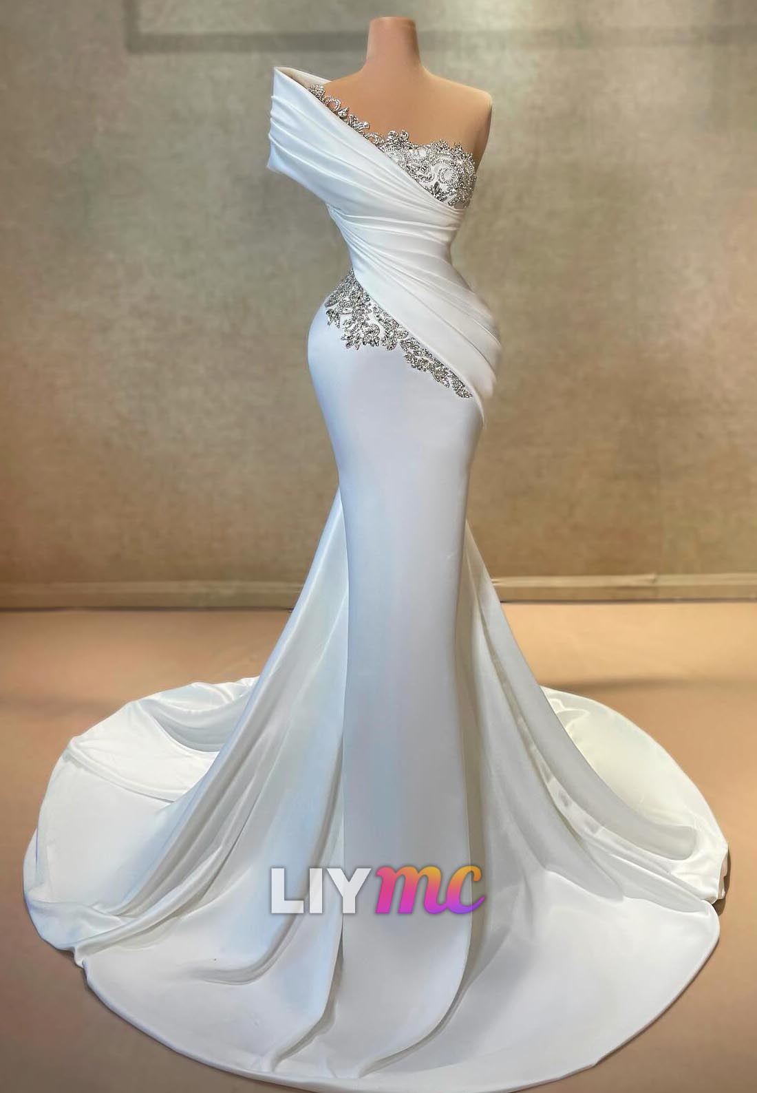 One Shoulder Sleeveless Beaded Mermaid Wedding Dress