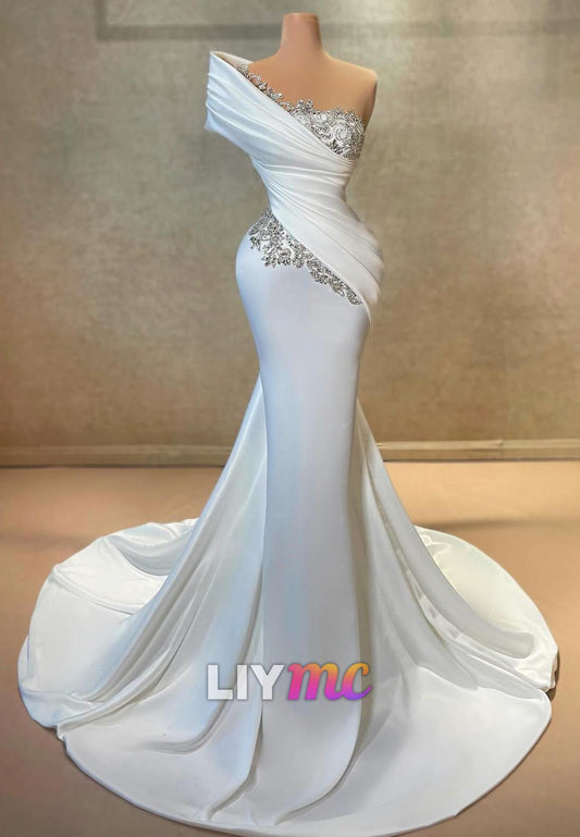 One Shoulder Sleeveless Beaded Mermaid Wedding Dress