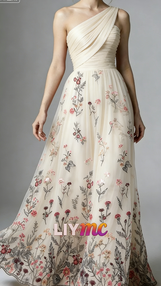 One Shoulder Sleeveless Floral Appliques A-Line Wedding Guest Dress