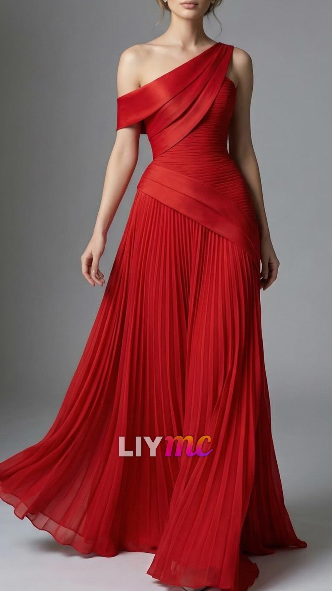 One Shoulder Sleeveless Pleated A-Line Evening Dress