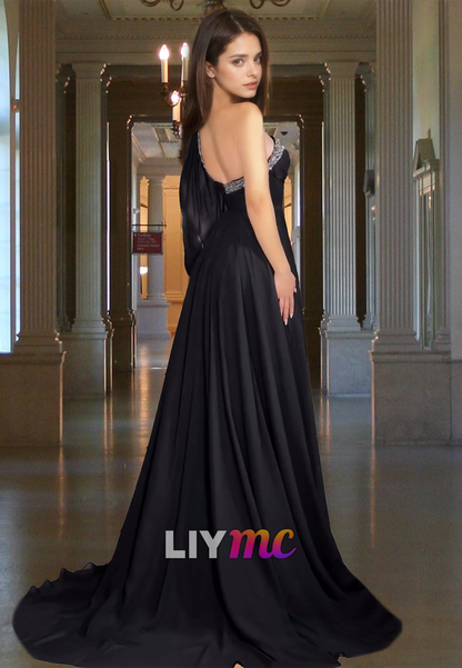 One Shoulder Sleeveless Pleated Beaded A-Line Prom Dress