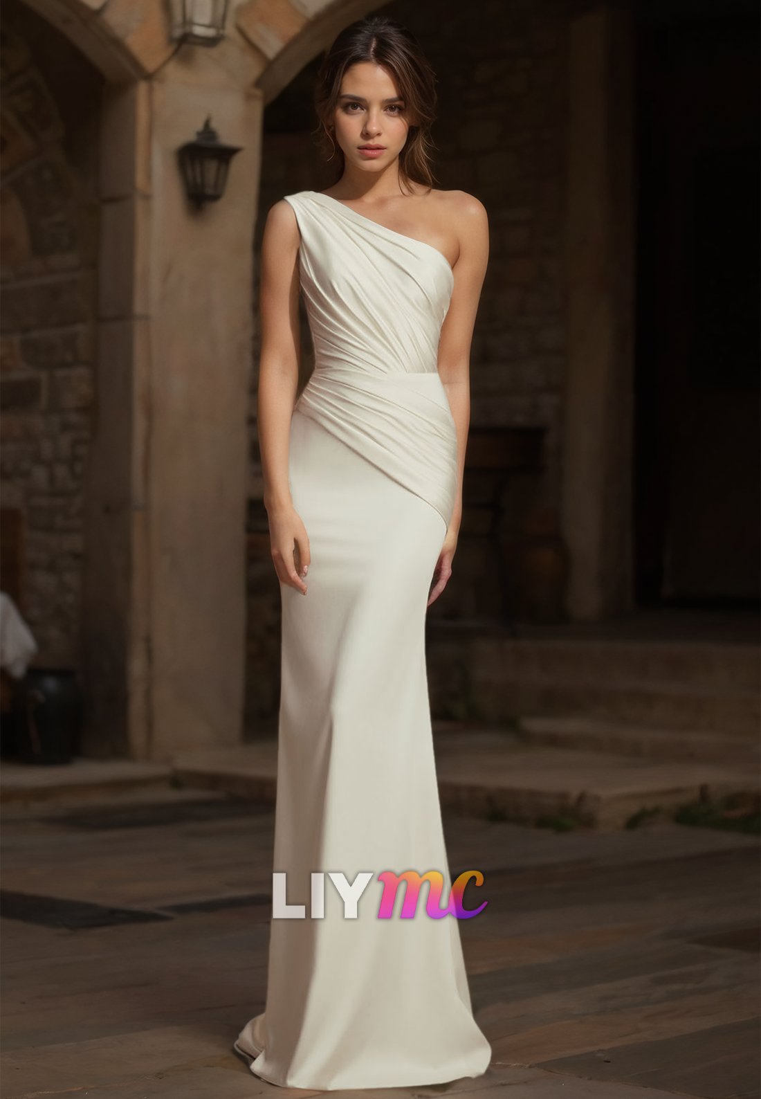 One Shoulder Sleeveless Pleated Ruched Mermaid Satin Wedding Dress