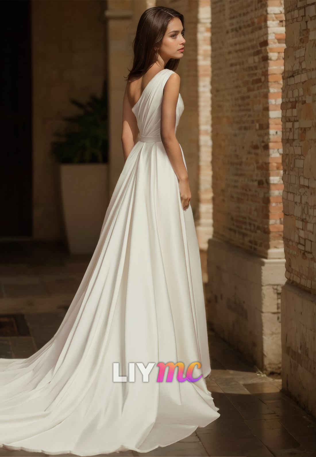 One Shoulder Sleeveless Pleated Ruched Mermaid Satin Wedding Dress