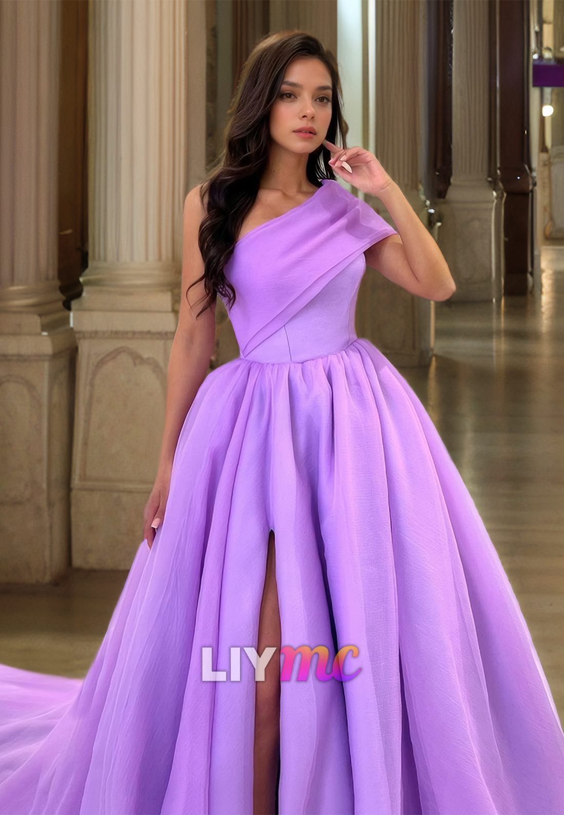 One Shoulder Sleeveless Pleated Satin Side Slit A-Line Prom Dress