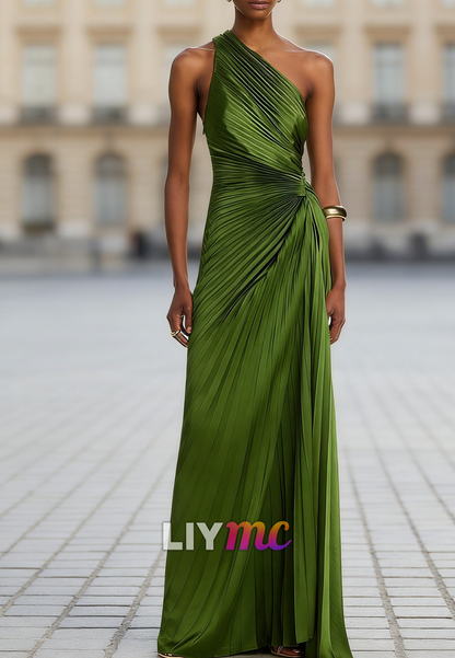 One Shoulder Sleeveless Pleated Sheath Mother of Bride Dress Evening Dress