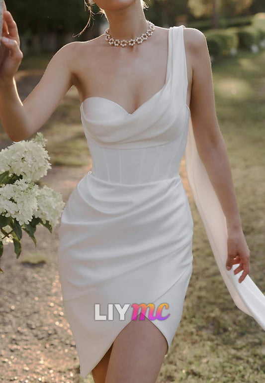 One Shoulder Sleeveless Pleated Sheath Short Wedding Dress