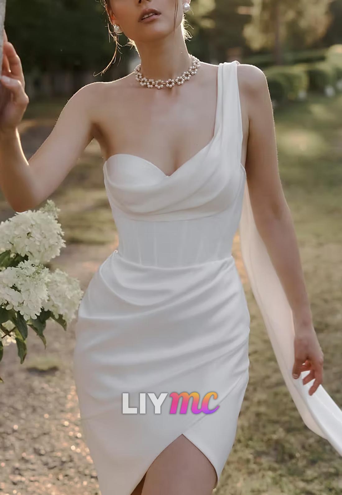One Shoulder Sleeveless Pleated Sheath Short Wedding Dress